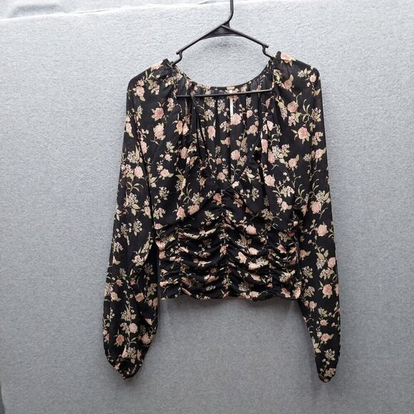 Free People Womens Floral Ruched Long Sleeve Crop Top M - Picture 1 of 4